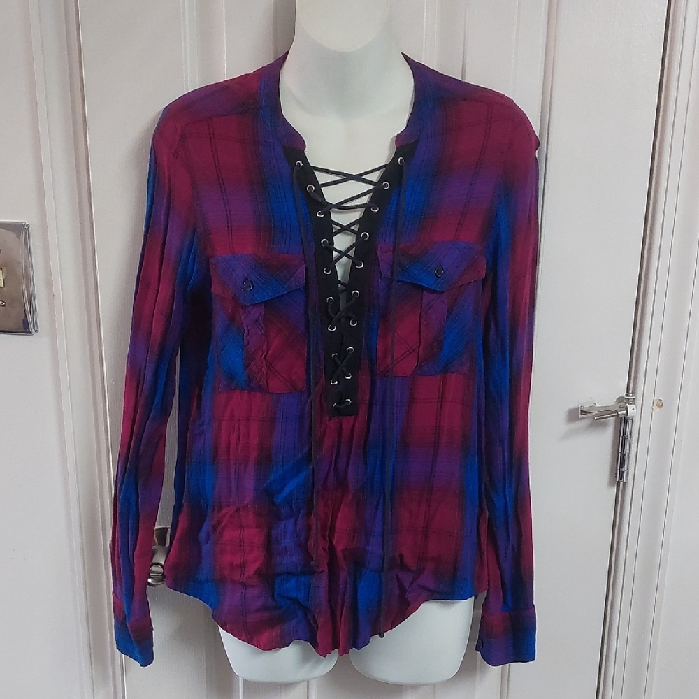 Express Multicolor Lace-Up Plaid Blouse